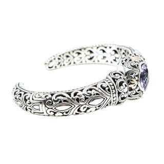 Amethyst Floral Filigree Sterling Silver 7.5-Inch Hinged Cuff Bracelet With 18K Gold Accents