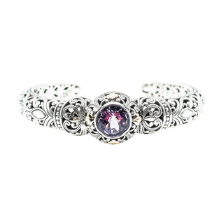 Amethyst Floral Filigree Sterling Silver 7.5-Inch Hinged Cuff Bracelet With 18K Gold Accents