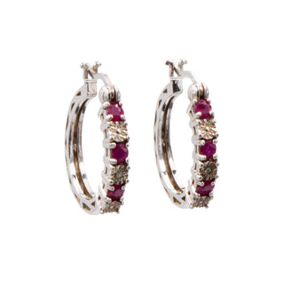 Sterling Silver 7/8 Inch Ruby and Diamond Hoop Earrings