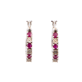 Sterling Silver 7/8 Inch Ruby and Diamond Hoop Earrings