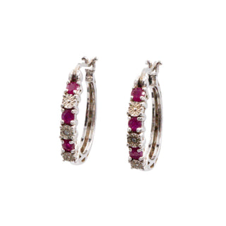 Sterling Silver 7/8 Inch Ruby and Diamond Hoop Earrings