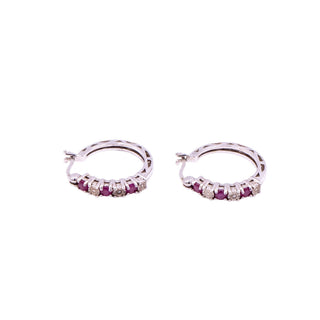 Sterling Silver 7/8 Inch Ruby and Diamond Hoop Earrings
