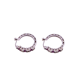 Sterling Silver 7/8 Inch Ruby and Diamond Hoop Earrings