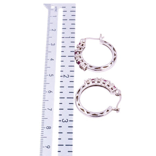 Sterling Silver 7/8 Inch Ruby and Diamond Hoop Earrings