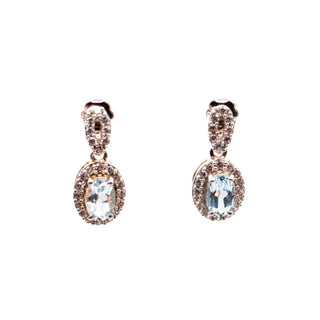 Sterling Silver 5/8 Inch Blue Topaz & Diamond Halo Drop Earrings