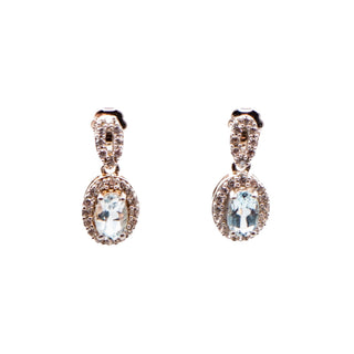 Sterling Silver 5/8 Inch Blue Topaz & Diamond Halo Drop Earrings