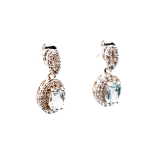 Sterling Silver 5/8 Inch Blue Topaz & Diamond Halo Drop Earrings