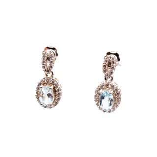 Sterling Silver 5/8 Inch Blue Topaz & Diamond Halo Drop Earrings