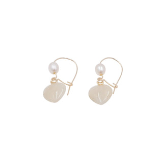 14K Yellow Gold Jade Heart Baroque Pearl 0.75 Inch Dangle Earrings