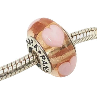 PANDORA Rose with Pink Hearts 925 ALE Sterling Silver Murano Glass Charm Bead