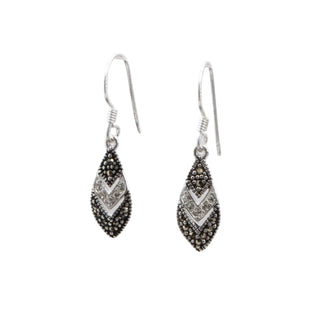 Sterling Silver Marcasite Crystal Chevron 1.25 Inch Dangle Earrings