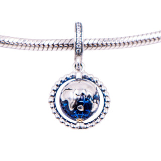 Pandora Spinning Globe Sterling Silver Blue Enamel Clear CZ Travel Dangle Charm