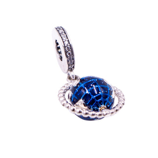 Pandora Spinning Globe Sterling Silver Blue Enamel Clear CZ Travel Dangle Charm