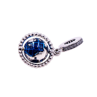 Pandora Spinning Globe Sterling Silver Blue Enamel Clear CZ Travel Dangle Charm