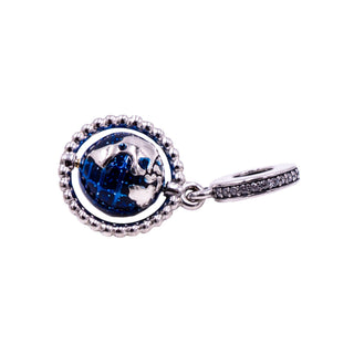 Pandora Spinning Globe Sterling Silver Blue Enamel Clear CZ Travel Dangle Charm