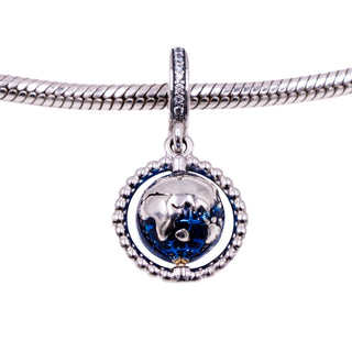 Pandora Spinning Globe Sterling Silver Blue Enamel Clear CZ Travel Dangle Charm