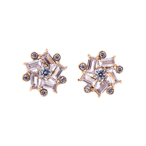 Sterling Silver Gold Tone Baguette CZ Cluster Stud Earrings Art Deco Bridal