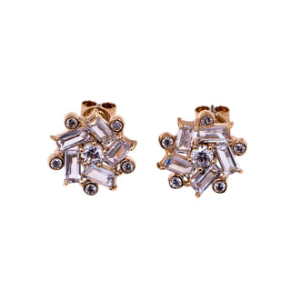 Sterling Silver Gold Tone Baguette CZ Cluster Stud Earrings Art Deco Bridal