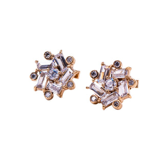 Sterling Silver Gold Tone Baguette CZ Cluster Stud Earrings Art Deco Bridal