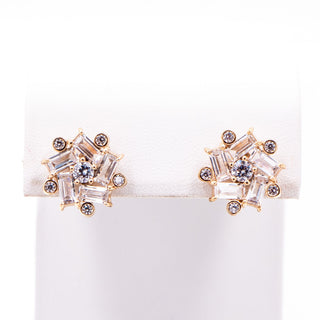 Sterling Silver Gold Tone Baguette CZ Cluster Stud Earrings Art Deco Bridal
