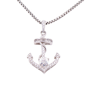 Designer Sterling Silver Clear CZ Heart Anchor Nautical 18 Inch Pendant Necklace