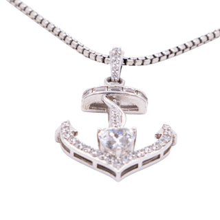 Designer Sterling Silver Clear CZ Heart Anchor Nautical 18 Inch Pendant Necklace