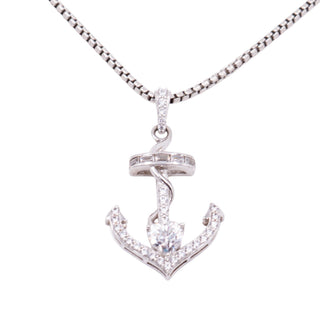 Designer Sterling Silver Clear CZ Heart Anchor Nautical 18 Inch Pendant Necklace