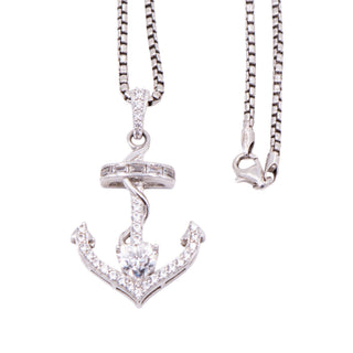 Designer Sterling Silver Clear CZ Heart Anchor Nautical 18 Inch Pendant Necklace