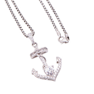 Designer Sterling Silver Clear CZ Heart Anchor Nautical 18 Inch Pendant Necklace
