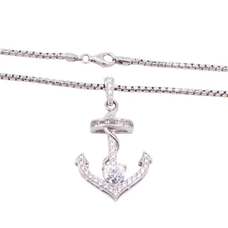 Designer Sterling Silver Clear CZ Heart Anchor Nautical 18 Inch Pendant Necklace