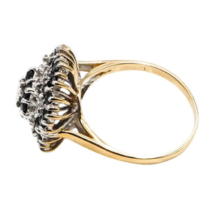 Vintage Sapphire & Diamond Flower Cluster Ring – 9K Yellow Gold English Estate Ring Size 8.5