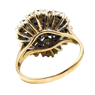 Vintage Sapphire & Diamond Flower Cluster Ring – 9K Yellow Gold English Estate Ring Size 8.5