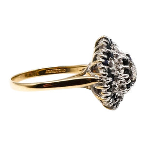 Vintage Sapphire & Diamond Flower Cluster Ring – 9K Yellow Gold English Estate Ring Size 8.5