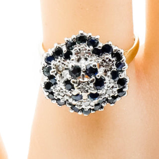 Vintage Sapphire & Diamond Flower Cluster Ring – 9K Yellow Gold English Estate Ring Size 8.5