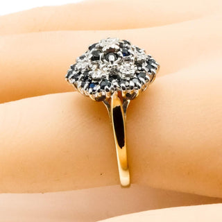 Vintage Sapphire & Diamond Flower Cluster Ring – 9K Yellow Gold English Estate Ring Size 8.5