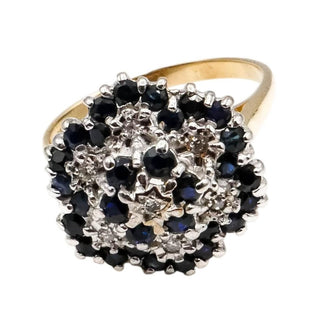 Vintage Sapphire & Diamond Flower Cluster Ring – 9K Yellow Gold English Estate Ring Size 8.5