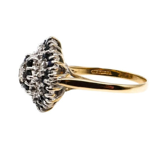 Vintage Sapphire & Diamond Flower Cluster Ring – 9K Yellow Gold English Estate Ring Size 8.5