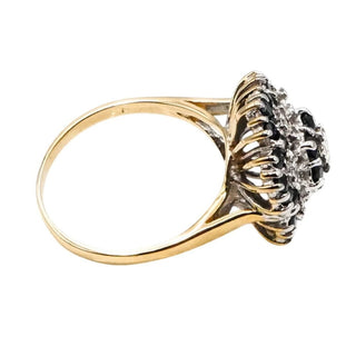 Vintage Sapphire & Diamond Flower Cluster Ring – 9K Yellow Gold English Estate Ring Size 8.5