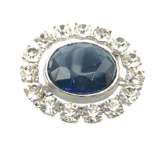 Vintage Kenneth Jay Lane Silver Tone Large Blue Oval Faceted Glass and Clear Rhinestone Brooch Pendant