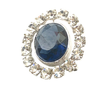 Vintage Kenneth Jay Lane Silver Tone Large Blue Oval Faceted Glass and Clear Rhinestone Brooch Pendant