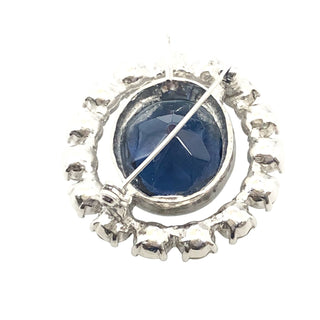Vintage Kenneth Jay Lane Silver Tone Large Blue Oval Faceted Glass and Clear Rhinestone Brooch Pendant