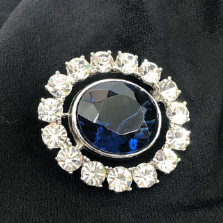 Vintage Kenneth Jay Lane Silver Tone Large Blue Oval Faceted Glass and Clear Rhinestone Brooch Pendant