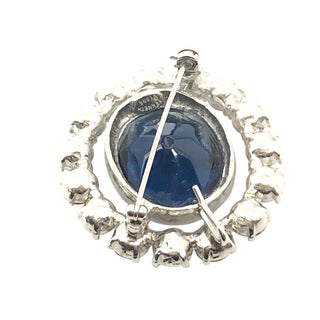 Vintage Kenneth Jay Lane Silver Tone Large Blue Oval Faceted Glass and Clear Rhinestone Brooch Pendant