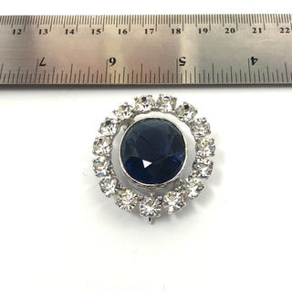 Vintage Kenneth Jay Lane Silver Tone Large Blue Oval Faceted Glass and Clear Rhinestone Brooch Pendant