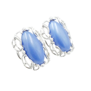Sarah Coventry Blue Cabochon Clip Earrings Silver Tone Filigree Vintage