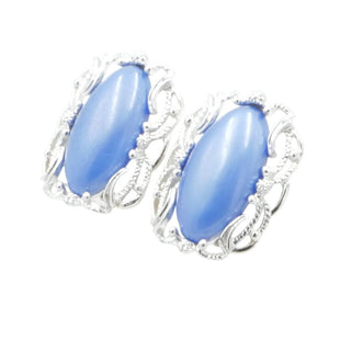 Sarah Coventry Blue Cabochon Clip Earrings Silver Tone Filigree Vintage
