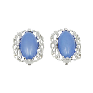 Sarah Coventry Blue Cabochon Clip Earrings Silver Tone Filigree Vintage