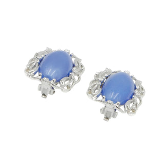 Sarah Coventry Blue Cabochon Clip Earrings Silver Tone Filigree Vintage
