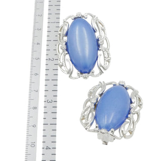 Sarah Coventry Blue Cabochon Clip Earrings Silver Tone Filigree Vintage