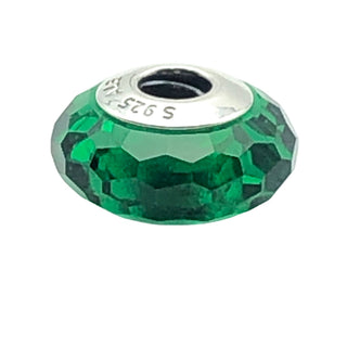 Pandora Emerald Green Faceted Glass Charm Bead Sterling Silver Retired